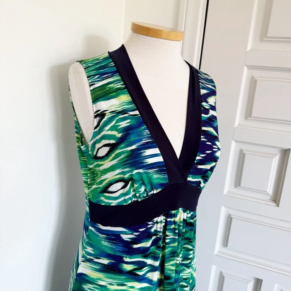 Enfocus Studio Maxi Dress Vibrant Green Blue White V-Neck Sleeveless Size 10